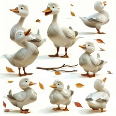 Little Goose Bird Cute character multiple posses and expression children's book illustration style