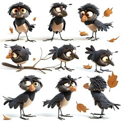 Little Greater Coucal Bird Cute character multiple posses and expression children's book illustration style
