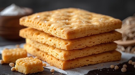 Image prompt: A close-up image of a stack of four wheat crackers. - Powered by Adobe