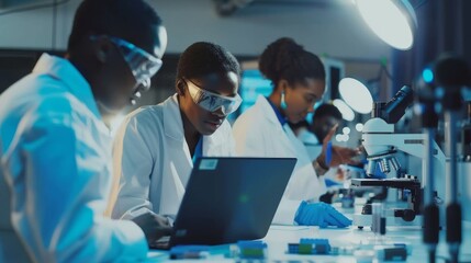 Two project managers discuss manufacturing using laptop computers, while a female specialist examines the circuit with a microscope.