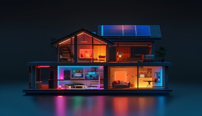 A dark house with various smart home devices, including an AI intelligent control center and solar panels on the roof.