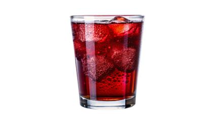 A clear glass filled with red soda with ice cubes floating inside