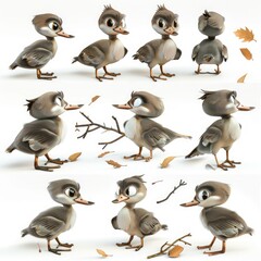 Little Grebe Bird Cute character multiple posses and expression children's book illustration style
