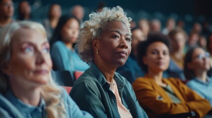 Fototapeta premium Adults of different ethnicities sitting in an auditorium, attending an educational seminar to improve professional skills. Middle-aged woman studying for an exam.