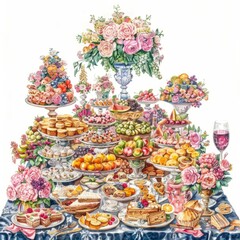  Watercolor painting of a lavish banquet table laden with an abundance of exotic fruits, decadent pastries, fine wines, and elaborate floral, Generative AI