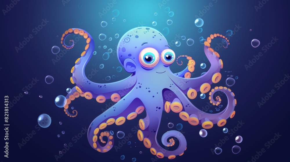 Wall mural cartoon illustration of a cute childish octopus swimming underwater with bubbles. cartoon modern ill