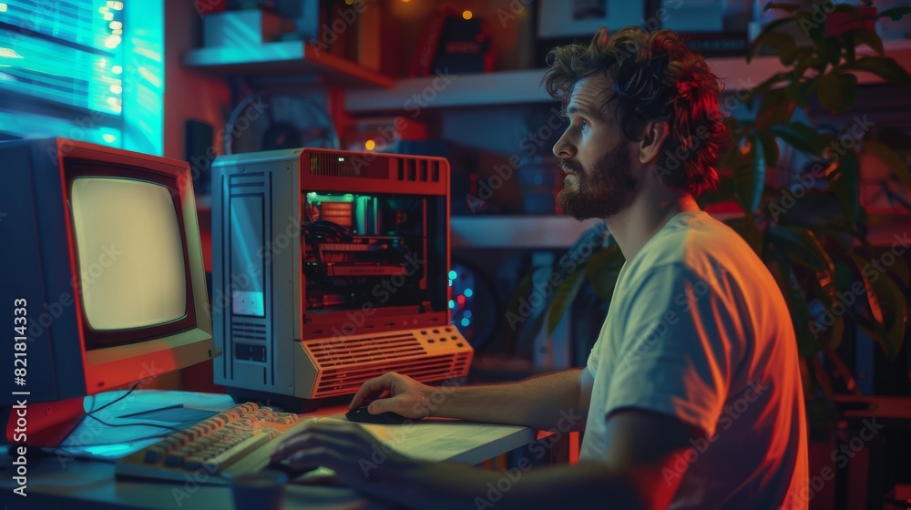 Poster caucasian male software engineer programming on old desktop computer in retro garage in the evening.