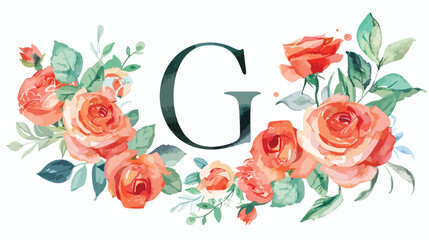 Monogram G letter with watercolor flowers roses 