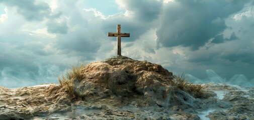 A solitary wooden cross stands atop a rocky hill under a cloudy sky, symbolizing hope, faith, and serenity amidst a dramatic landscape.
