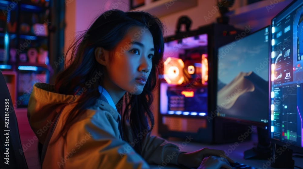 Poster female asian game programmer writing code on desktop computer in diverse office of game development 