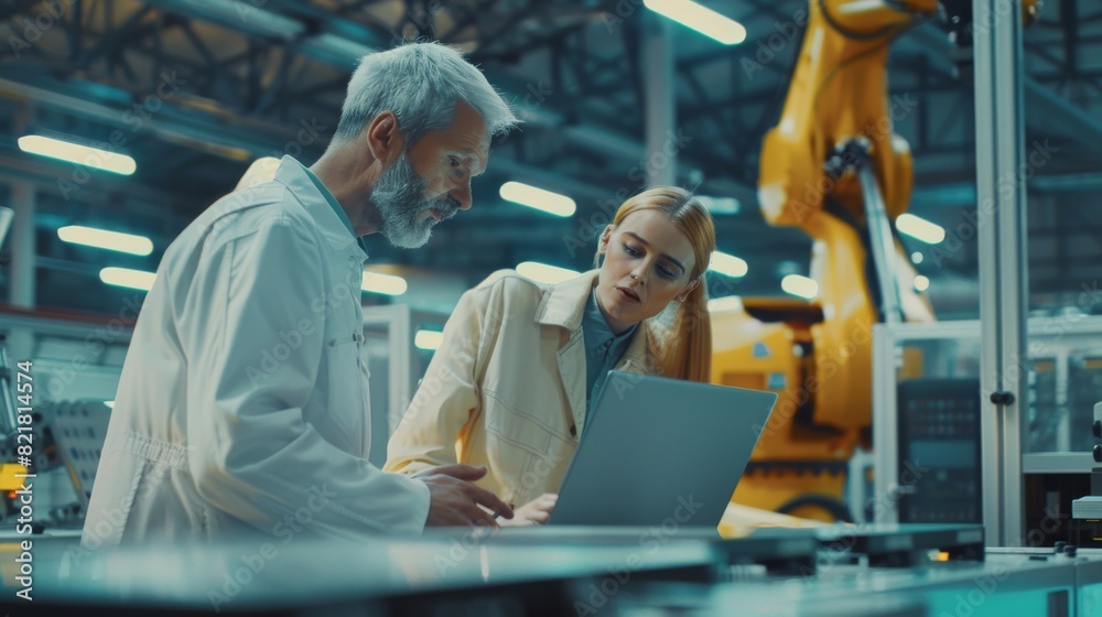 Poster an engineer and technician are having a conversation while using a laptop computer. the specialists 