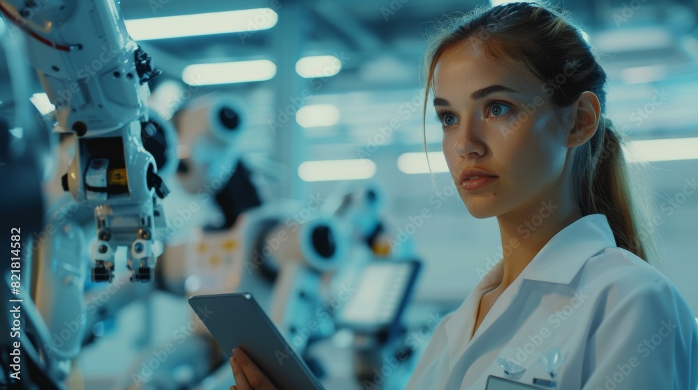 Poster monitoring and analysing a modern electronics factory with automated robot arms using a tablet compu