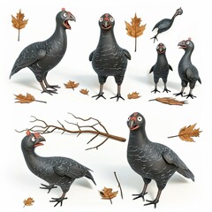 Little Guinea Fowl Bird Cute character multiple posses and expression children's book illustration style