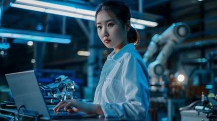 A female Asian engineer studies and develops new technologies at a modern automated factory where robotic arms are used to produce electronic products in a modern factory facilities.