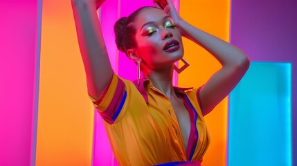 Obraz premium Beautiful Woman Dancing Energetically in a Colorful Abstract Environment. Young Female Performing Modern Dance Choreography in the Studio.