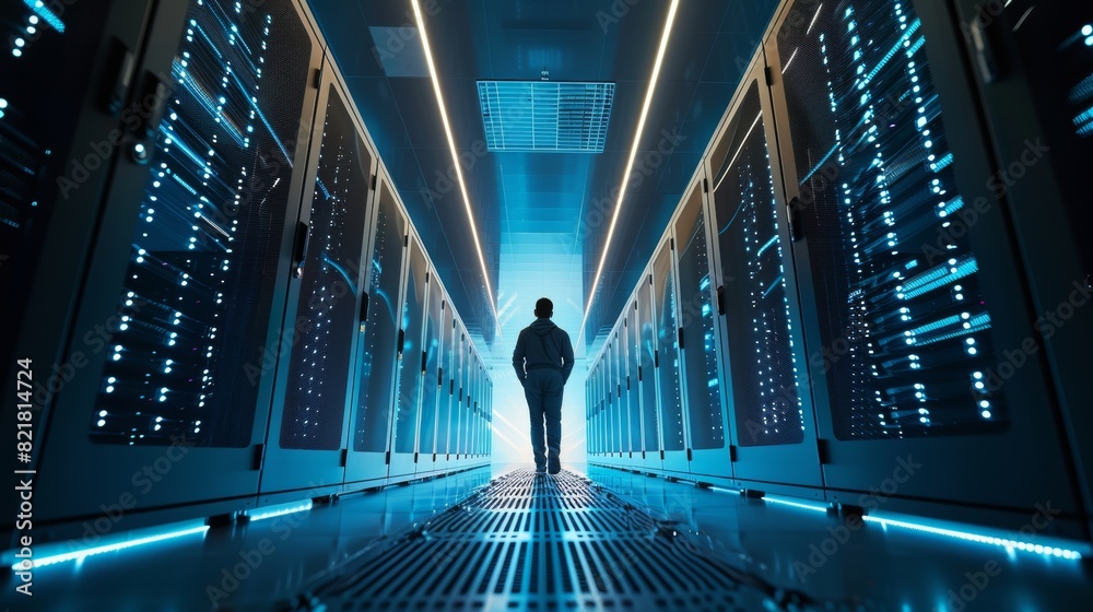 Poster a shot of an it engineer walking through the data center corridor with rows of rack servers can be s