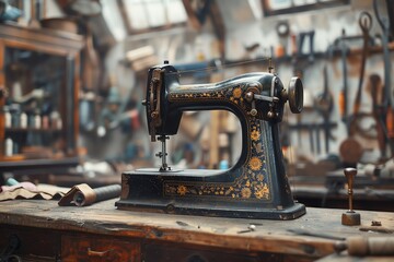 Fototapeta premium Vintage sewing machine in a rustic workshop