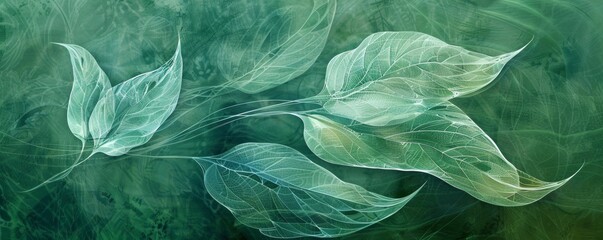 A beautiful painting of abstract green leaves and flowers on a dark emerald background, a detailed botanical illustration with natural organic shapes and elegant curves.