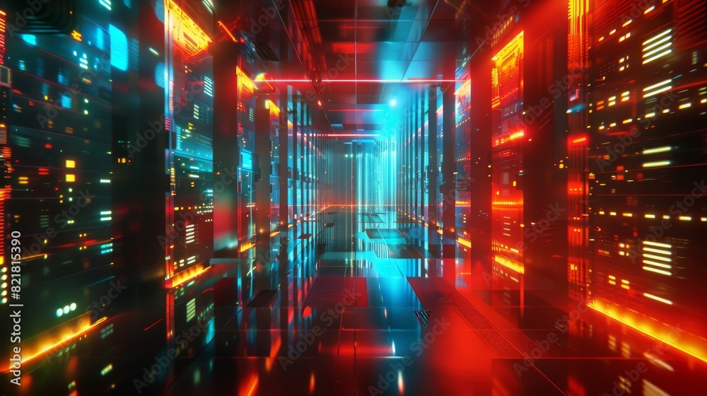 Poster a shot of a corridor in a working data center filled with rack servers and supercomputers projected 