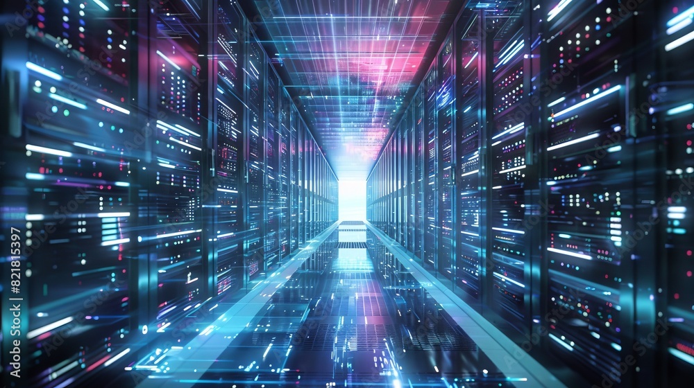Poster a shot of a corridor in a working data center full of rack servers and supercomputers with high-reso