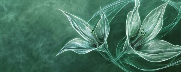 A beautiful painting of abstract green leaves and flowers on a dark emerald background, a detailed botanical illustration with natural organic shapes and elegant curves.