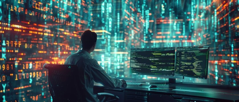 A programmer working on code with a futuristic digital interface background, featuring multiple screens and complex data visualizations.
