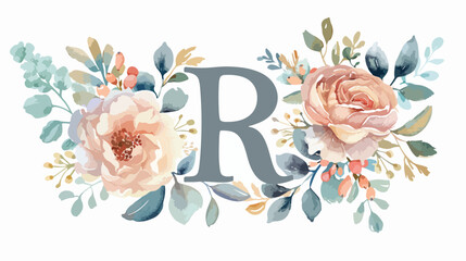 Monogram R letter with watercolor flowers and leaves.