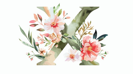 Monogram x letter with watercolor flowers and leaf.