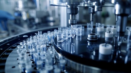 A close-up shot of an industrial manufacturing machine for medical test tubes, with sealing caps on the tubes. Sterile high precision machinery producing items for medical purposes.