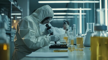 Worker in a modern manufacturing plant constructing semiconductors and pharmaceuticals wearing protective clothing. A scientist in protective clothing performs research, uses a microscope, and