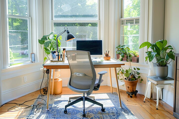 sleek and minimalist home office setup with a sleek desk, ergonomic chair, minimalist decor, and ample natural light, offering a functional and aesthetic workspace 