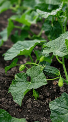 Close-up of a cucumber plant in a garden