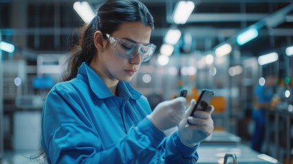 An Electronics Factory Worker wears a blue work coat and protective glasses to perform a quality check on a smartphone screen. A high-tech facility with multiple employees is seen in the background.