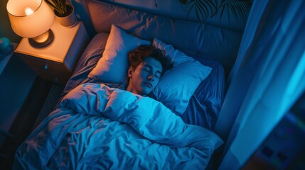 Handsome young man sleeping peacefully on a bed in his bedroom at night. The room is lit by a dim lamppost outside the window.
