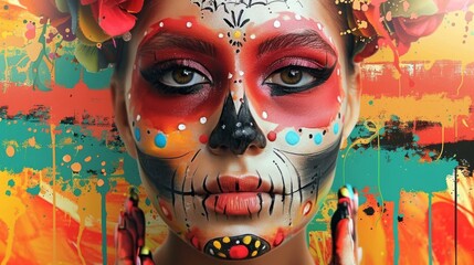 Obraz premium Colorful Day Of The Dead Skull Face With Flowers And Splashes Of Paint. Abstract Mexican Calavera