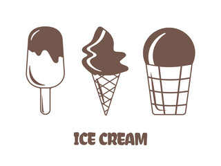 Icons, ice cream logo, set. The silhouette of an ice cream in brown-chocolate color on a white background. Butter on a stick, in a waffle cone, in a cup