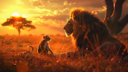 The lion, symbolizing triumph, stands majestically with a regal expression, its mane flowing in the gentle breeze.