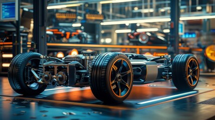 Fototapeta premium Authentic Electric Car Platform Chassis. Hybrid Frame Include: Wheels, Engine, Brakes, and Battery. In Innovative Automotive Design Facility. Axel and Engine Focus.