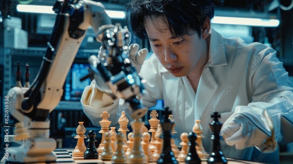 Poster they are playing chess with a futuristic robotic arm in a high tech modern research lab to test an a