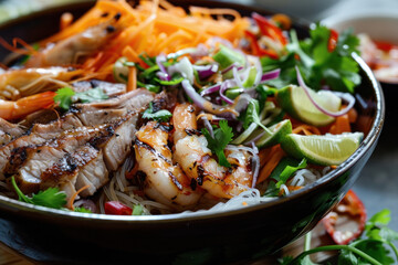 Grilled Shrimp and Beef Vermicelli Bowl with Fresh Vegetables, Herbs, and Lime Wedges