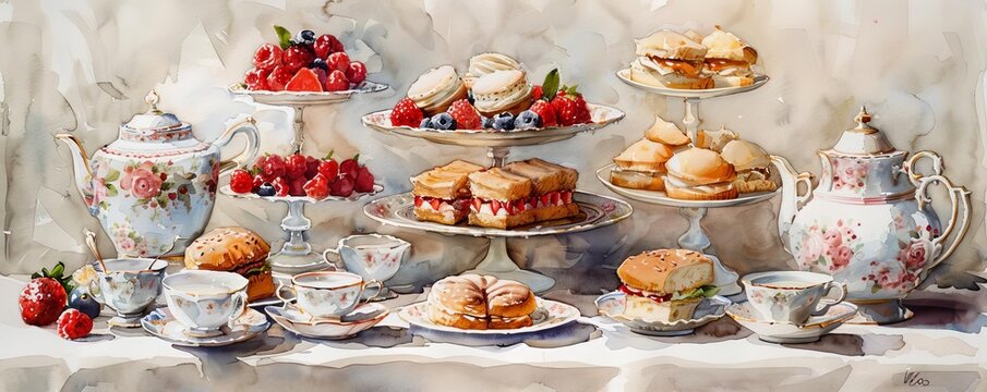 A refined high tea setup with tiered trays of finger sandwiches, pastries, and scones, accompanied by fine porcelain teapots and teacups