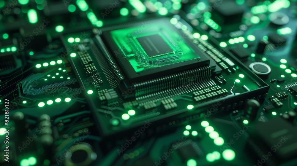 Poster the cpu socket on a green printed circuit board or computer motherboard with component components in