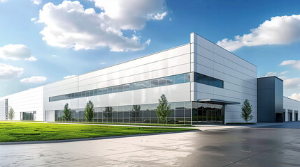 Modern office and large factory building with sky. generative ai