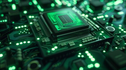Fototapeta premium The CPU Socket on a green Printed Circuit Board or Computer Motherboard with component components inside, part of a supercomputer. Lit by green light.