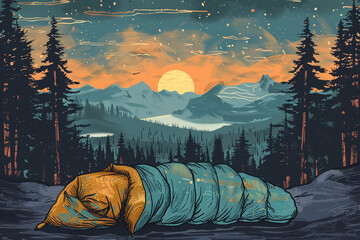 Sleeping Bag Camping and adventure travel handdrawn 