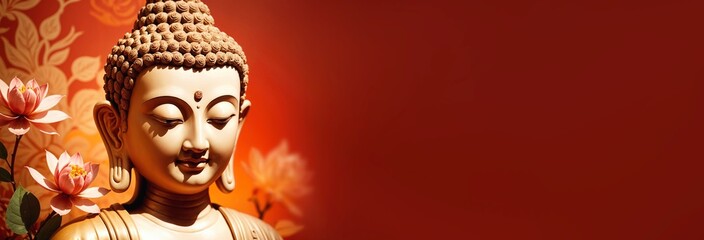 Vibrant colors studio photo of a Buddha head statuette with lotus flowers on a red background. Isolated close-up image for design, banners, promotion material, and website. Buddhism concept