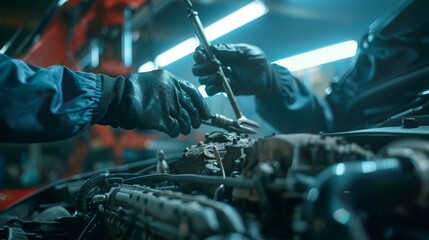 The view is a close up of a professional mechanic working on the car in a modern, clean workshop. A mechanic is wearing gloves and using a ratchet while he fixes the motor on the car.