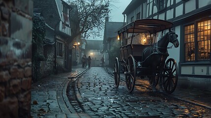 A horse carriage waiting on a cobblestone street in a quaint village setting at dusk. 8k, realistic, full ultra HD, high resolution and cinematic photography