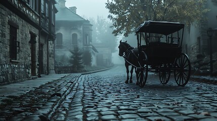 A horse carriage waiting on a cobblestone street in the serene ambiance of early morning mist. 8k, realistic, full ultra HD, high resolution and cinematic photography