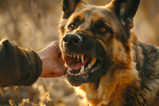 Aggressive dog bites, german shepherd attacks a man and bites his hand, training pets, rabid animals, bared jaws, angry guard, stray dogs concept, Generative AI Illustration